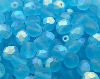 6mm Matte Aquamarine Czech Firepolish Faceted Glass Beads (25)