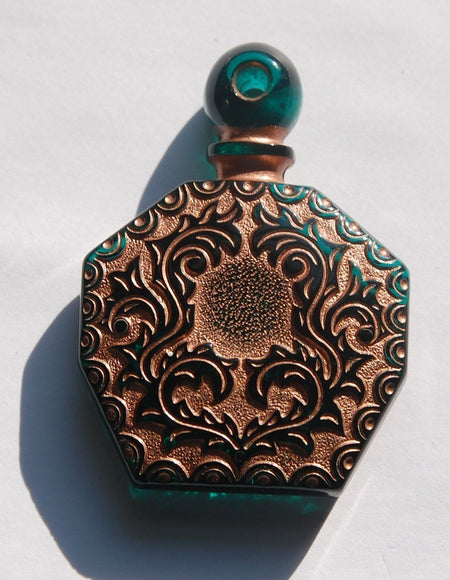 Green Etched Faux Perfume Lucite Bottle Pendant Copper Details Vintage pnd066D