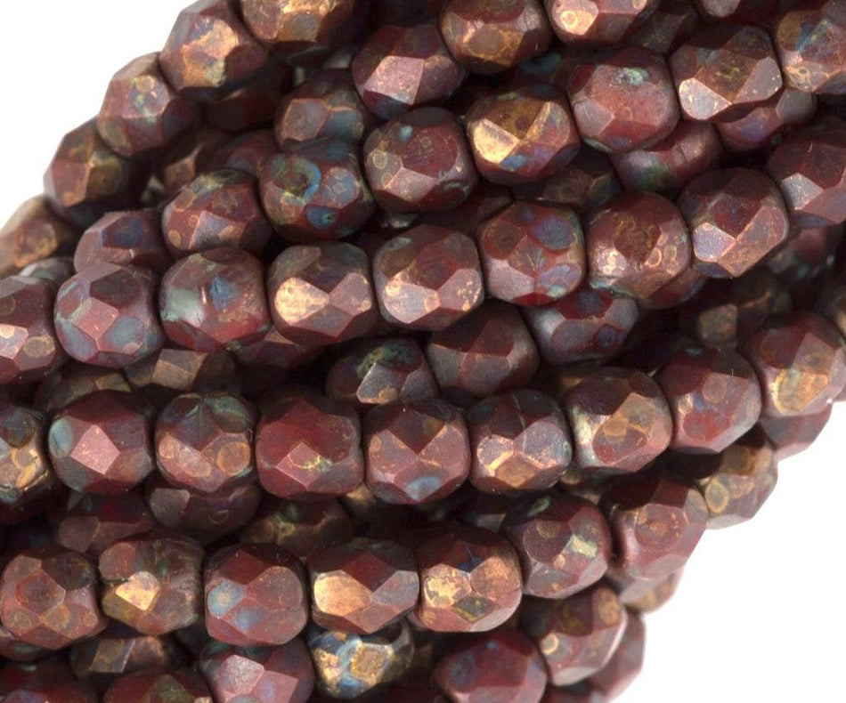 Czech Faceted Opaque Red Copper Picasso Firepolish Glass Beads 6mm (25)