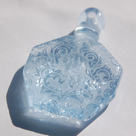 Vintage Blue Etched Faux Perfume Lucite Bottle Pendant pnd064A