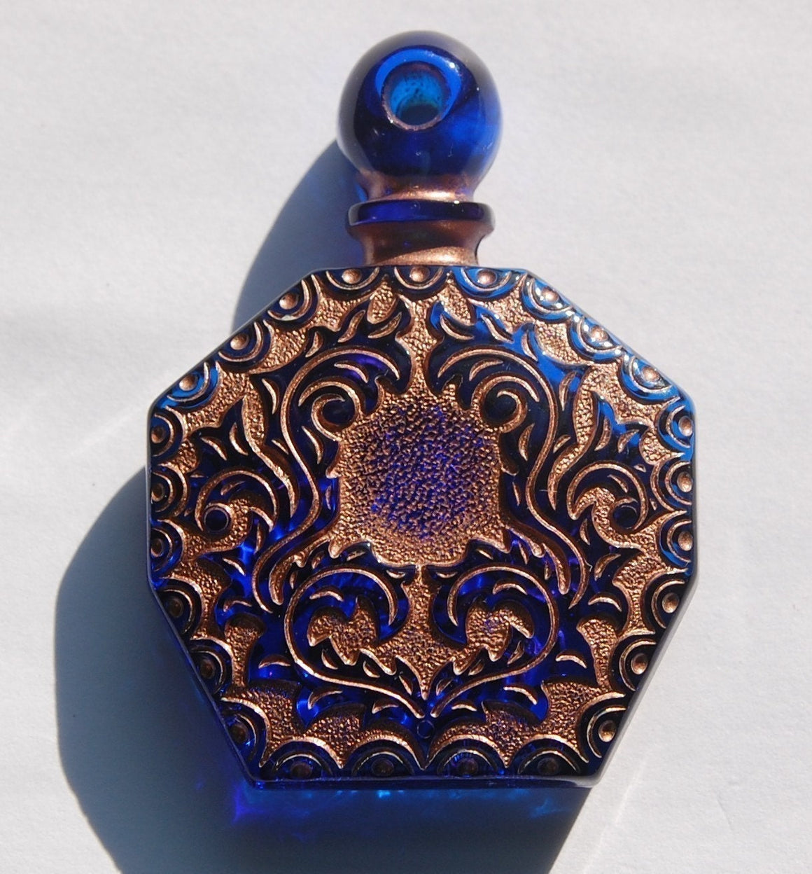 Vintage Blue Etched Faux Perfume Lucite Bottle Pendant Copper Details pnd066C