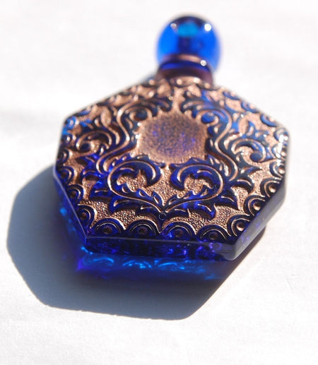 Vintage Blue Etched Faux Perfume Lucite Bottle Pendant Copper Details pnd066C