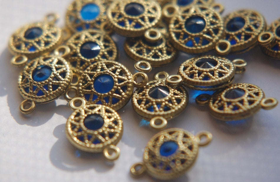 Vintage Sapphire Blue Connector Beads with Neat Brass Frames 10mm (6) chr137G