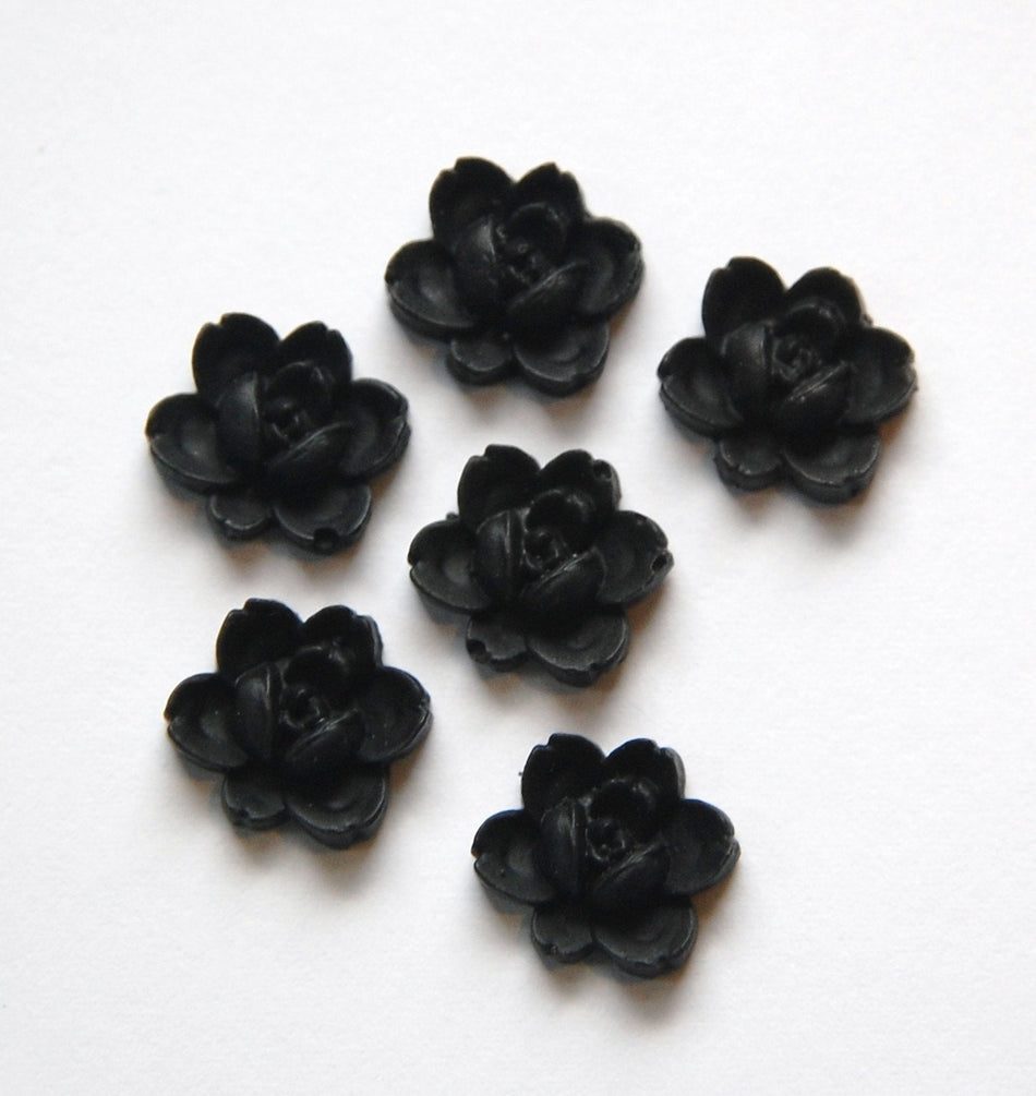 Vintage Style Matte Black Rose Flower Cabochon 14mm (6) cab354H