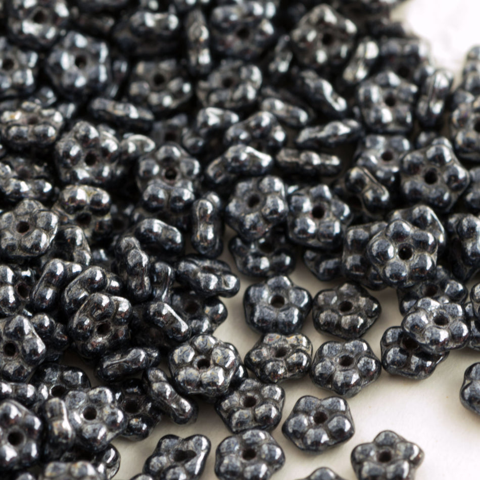 5mm Jet Hematite Czech Daisy Flower Glass Beads (50)