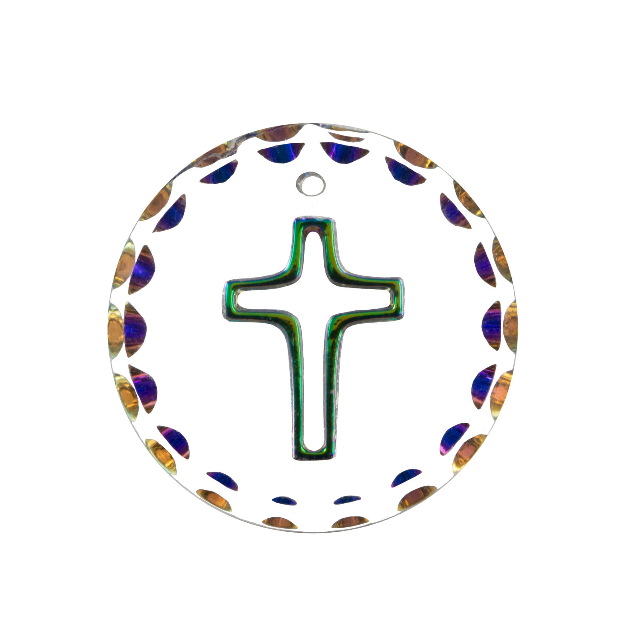 18mm Vitrail Etched Cross 1 Hole Glass Round Intaglio Pendant (2)