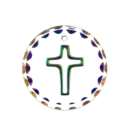 18mm Vitrail Etched Cross 1 Hole Glass Round Intaglio Pendant (2)