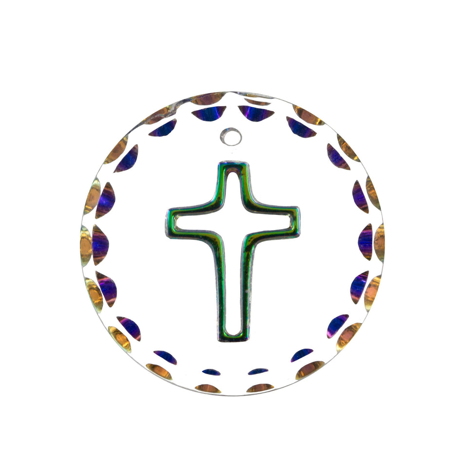 18mm Vitrail Etched Cross 1 Hole Glass Round Intaglio Pendant (2)