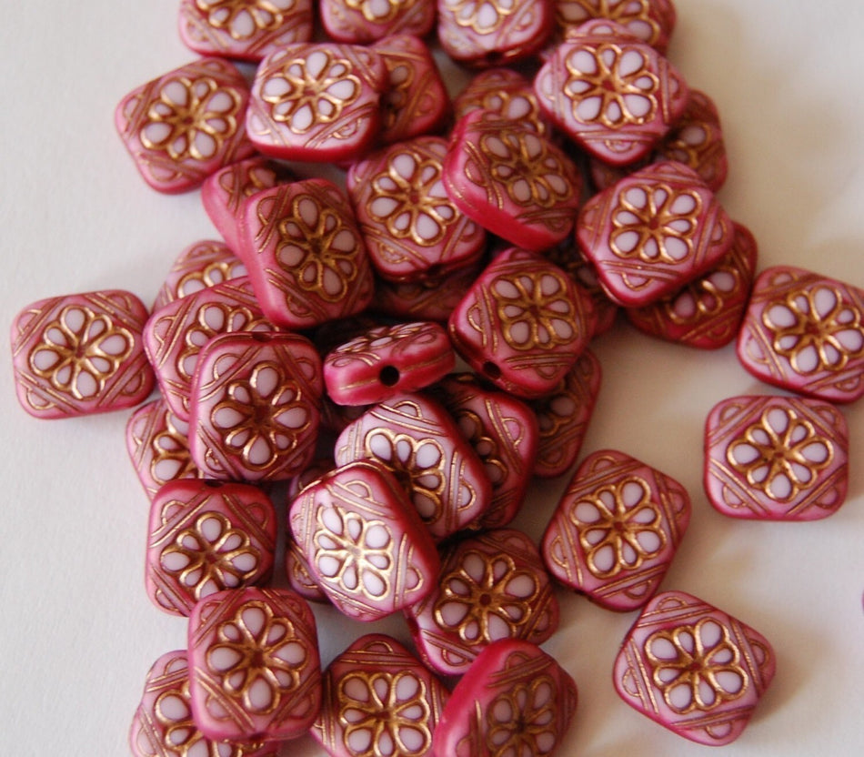 Pink with Gold Etched Floral Tablet Beads bds380A