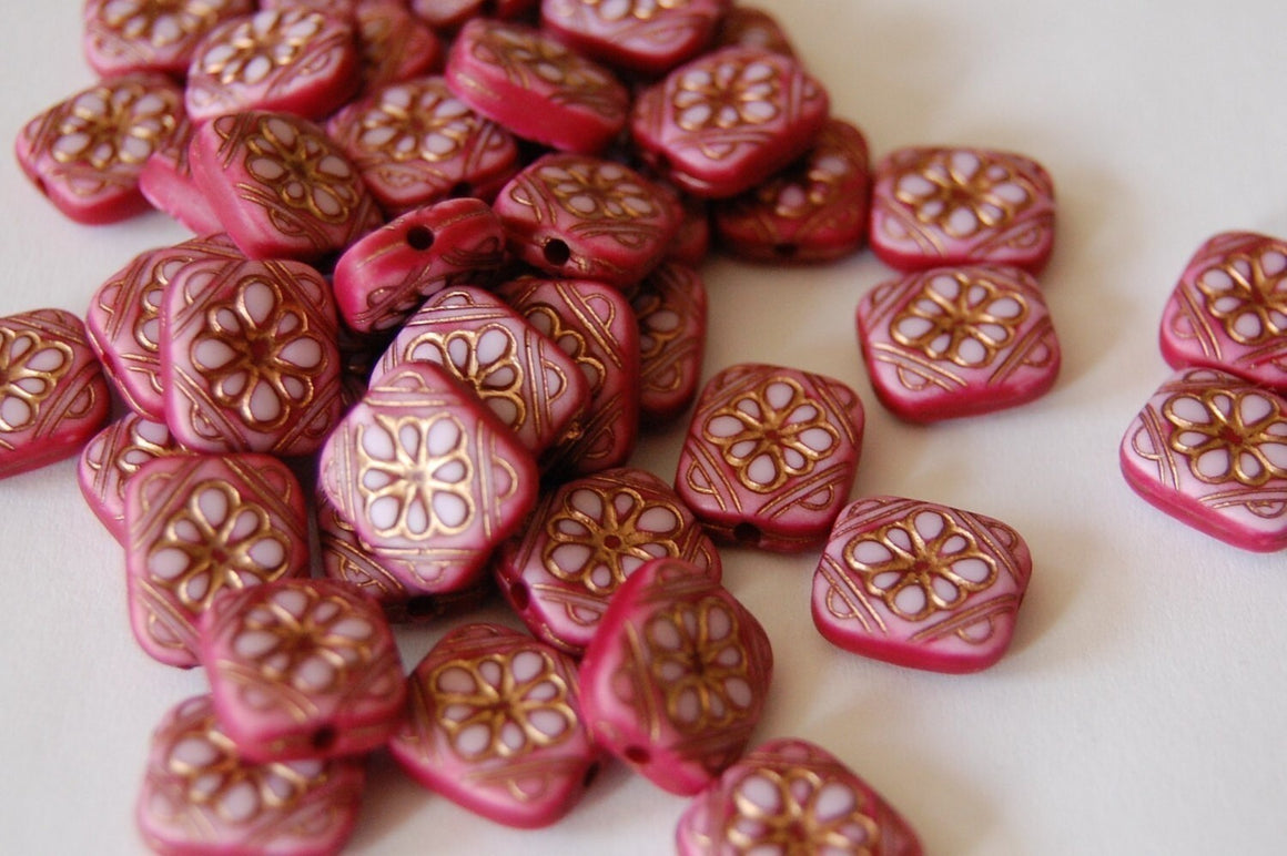 Pink with Gold Etched Floral Tablet Beads bds380A