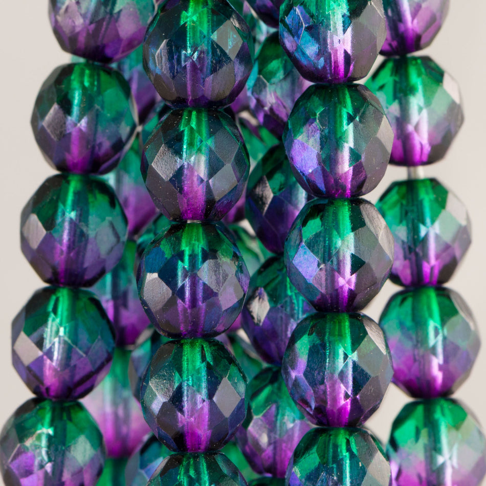 10mm Emerald/Fuchsia Czech Firepolish Faceted Glass Beads (20)