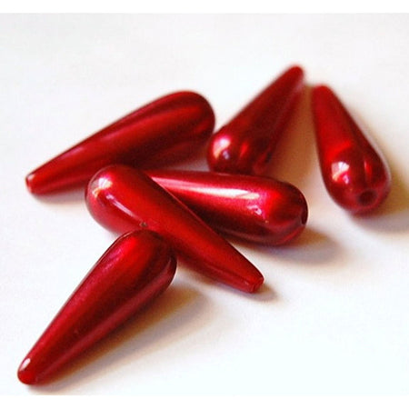 Ruby Red Metallic Moonglow Acrylic Teardrop Beads 29x9mm (6)