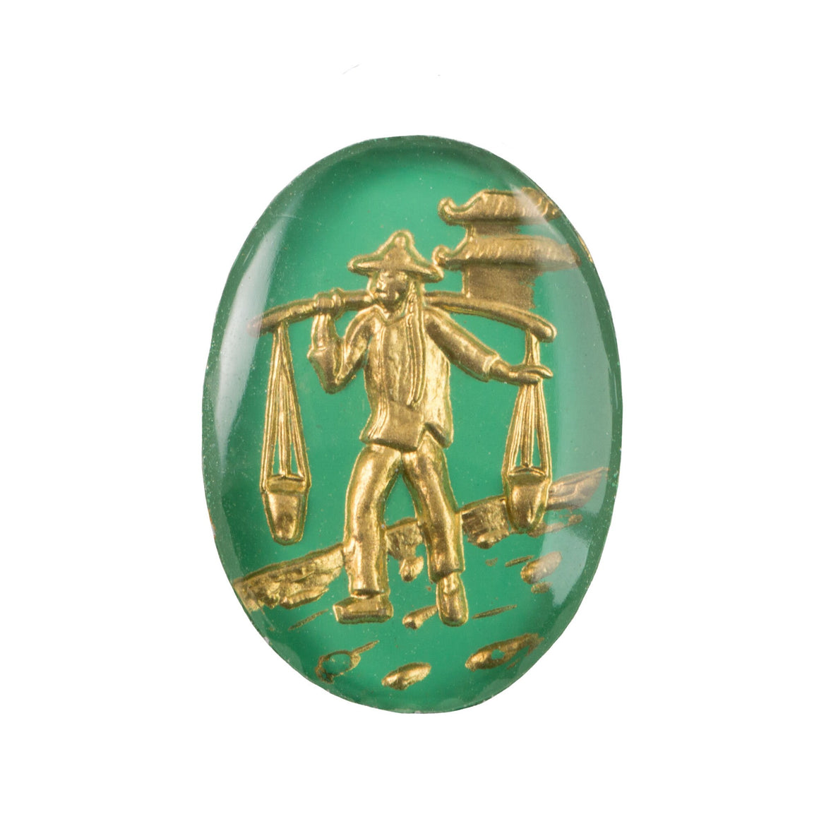 25x18mm Asian Figure Carrying Water Green and Gold Glass Oval Intaglio (1)