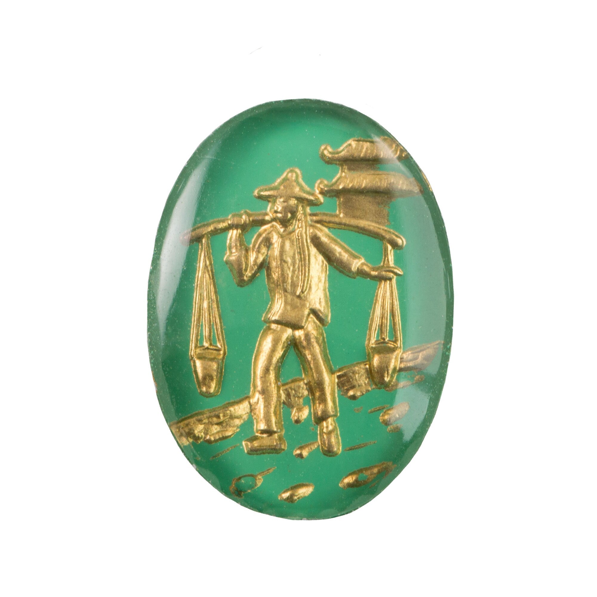 25x18mm Asian Figure Carrying Water Green and Gold Glass Oval Intaglio (1)