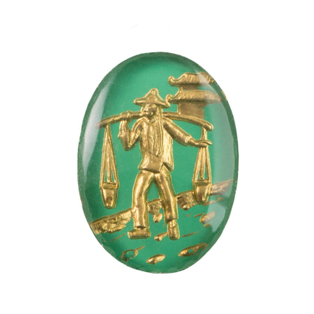 25x18mm Asian Figure Carrying Water Green and Gold Glass Oval Intaglio (1)