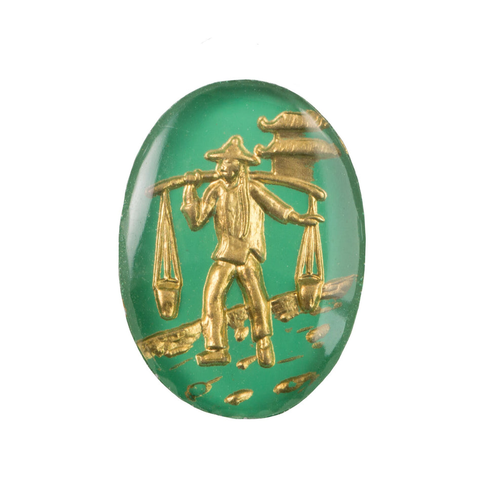 25x18mm Asian Figure Carrying Water Green and Gold Glass Oval Intaglio (1)