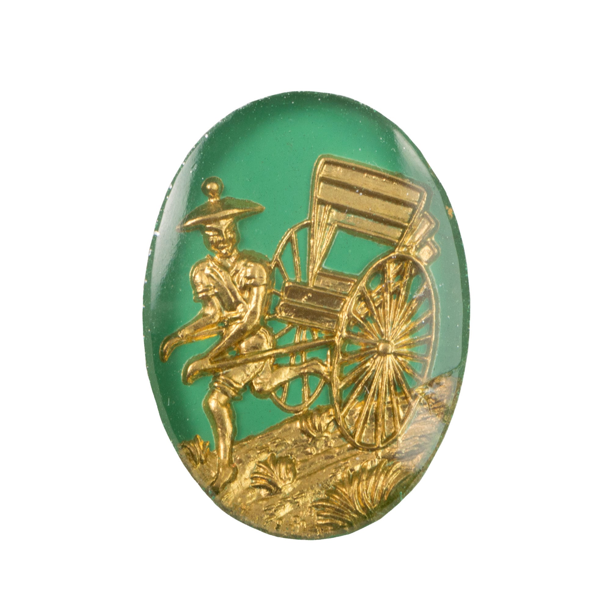 25x18mm Asian Figure with Rickshaw Green and Gold Glass Oval Intaglio (1)