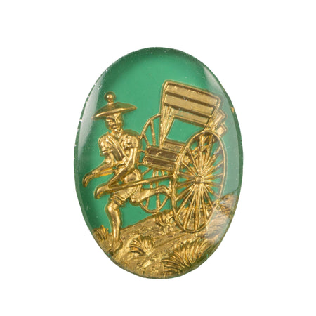 25x18mm Asian Figure with Rickshaw Green and Gold Glass Oval Intaglio (1)