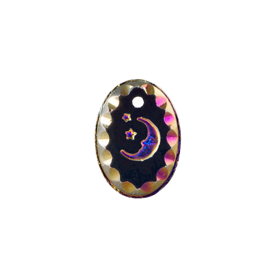 14x10mm Helio Blue Etched Moon and Stars 1 Hole Glass Oval Intaglio Pendant (2)