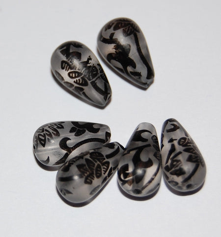 Jet Black Floral on Frosted Teardrop Beads bds145