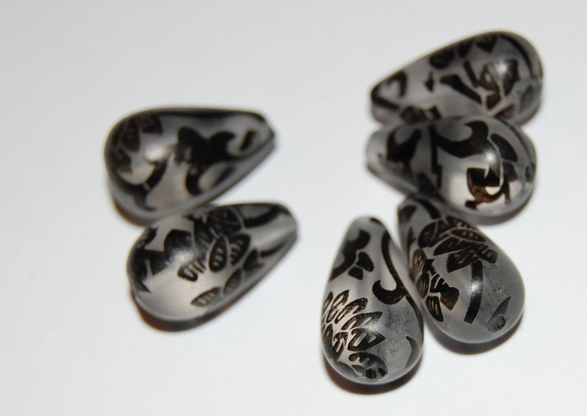 Jet Black Floral on Frosted Teardrop Beads bds145