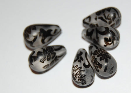 Jet Black Floral on Frosted Teardrop Beads bds145