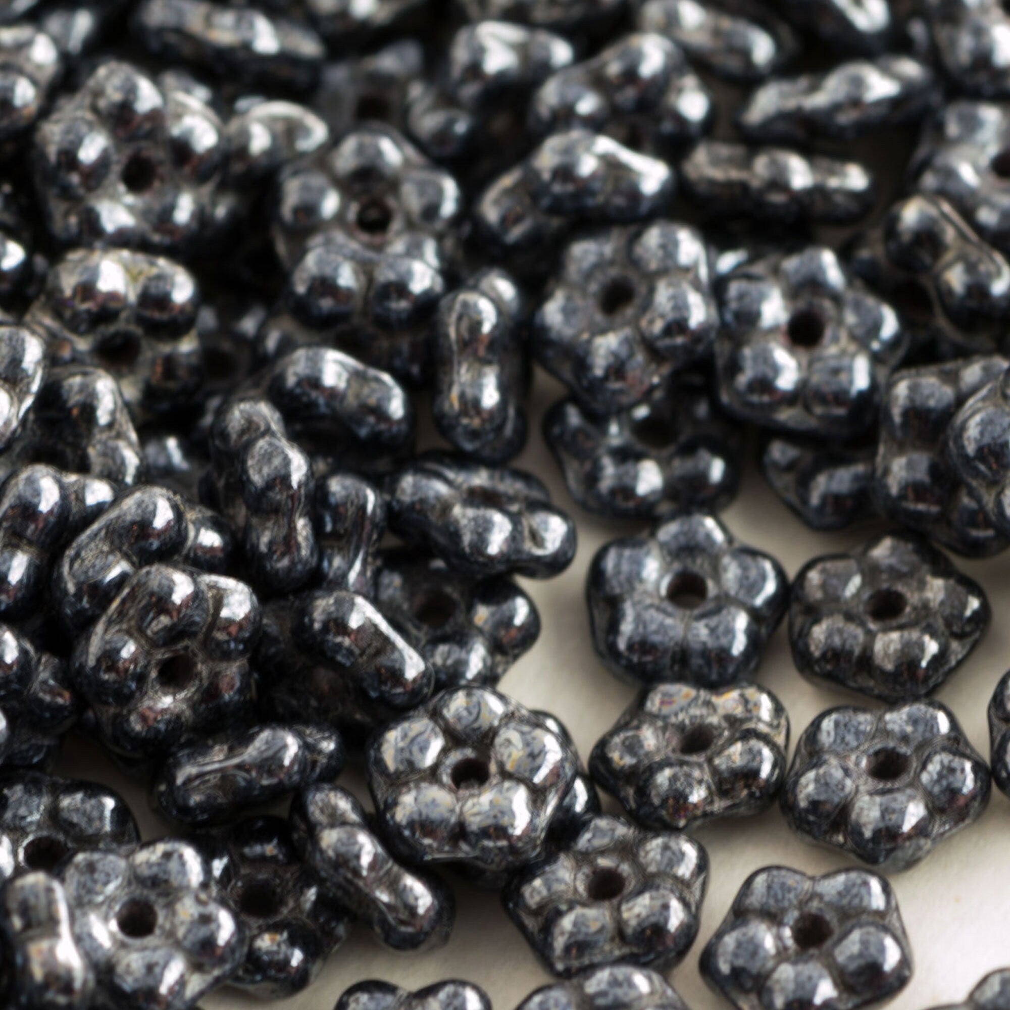 7mm Jet Hematite Czech Daisy Flower Glass Beads (50)