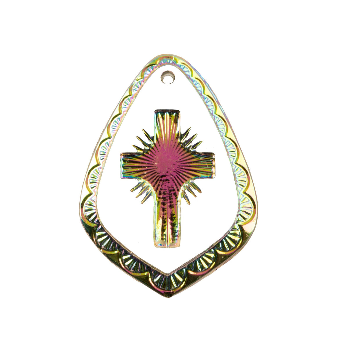29x20mm Vitrail Etched Cross 1 Hole Glass Teardrop Intaglio Pendant (1)