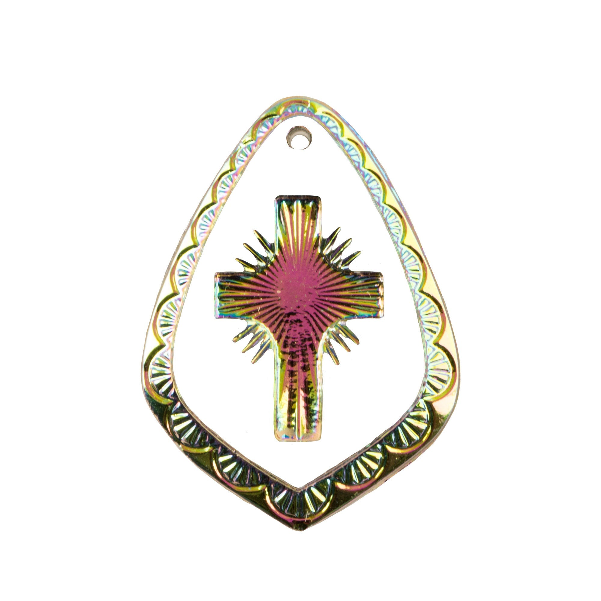 29x20mm Vitrail Etched Cross 1 Hole Glass Teardrop Intaglio Pendant (1)