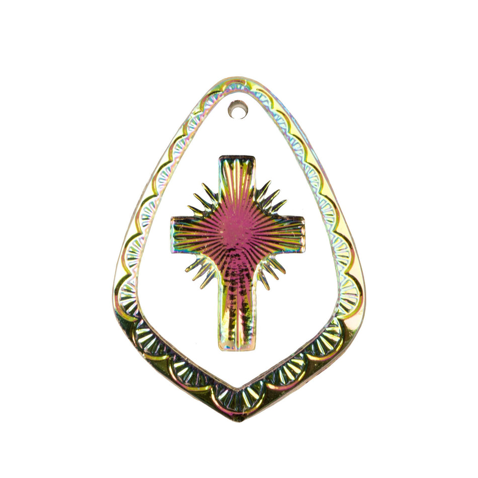 29x20mm Vitrail Etched Cross 1 Hole Glass Teardrop Intaglio Pendant (1)