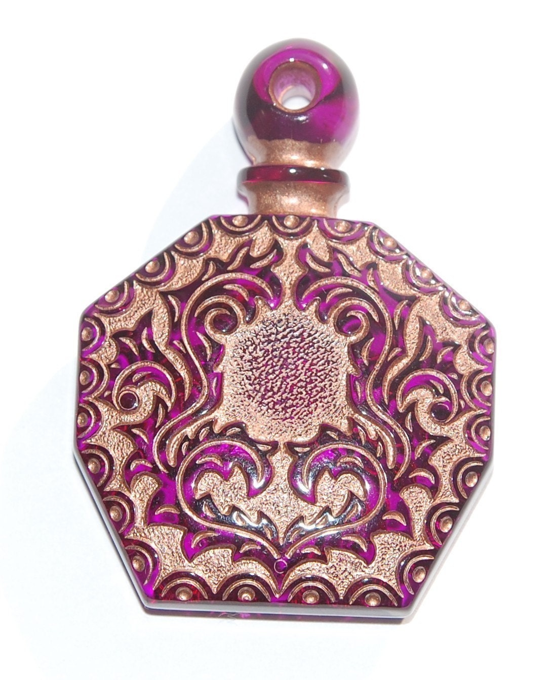 Vintage Purple Etched Faux Perfume Bottle Pendant Copper Details pnd066B