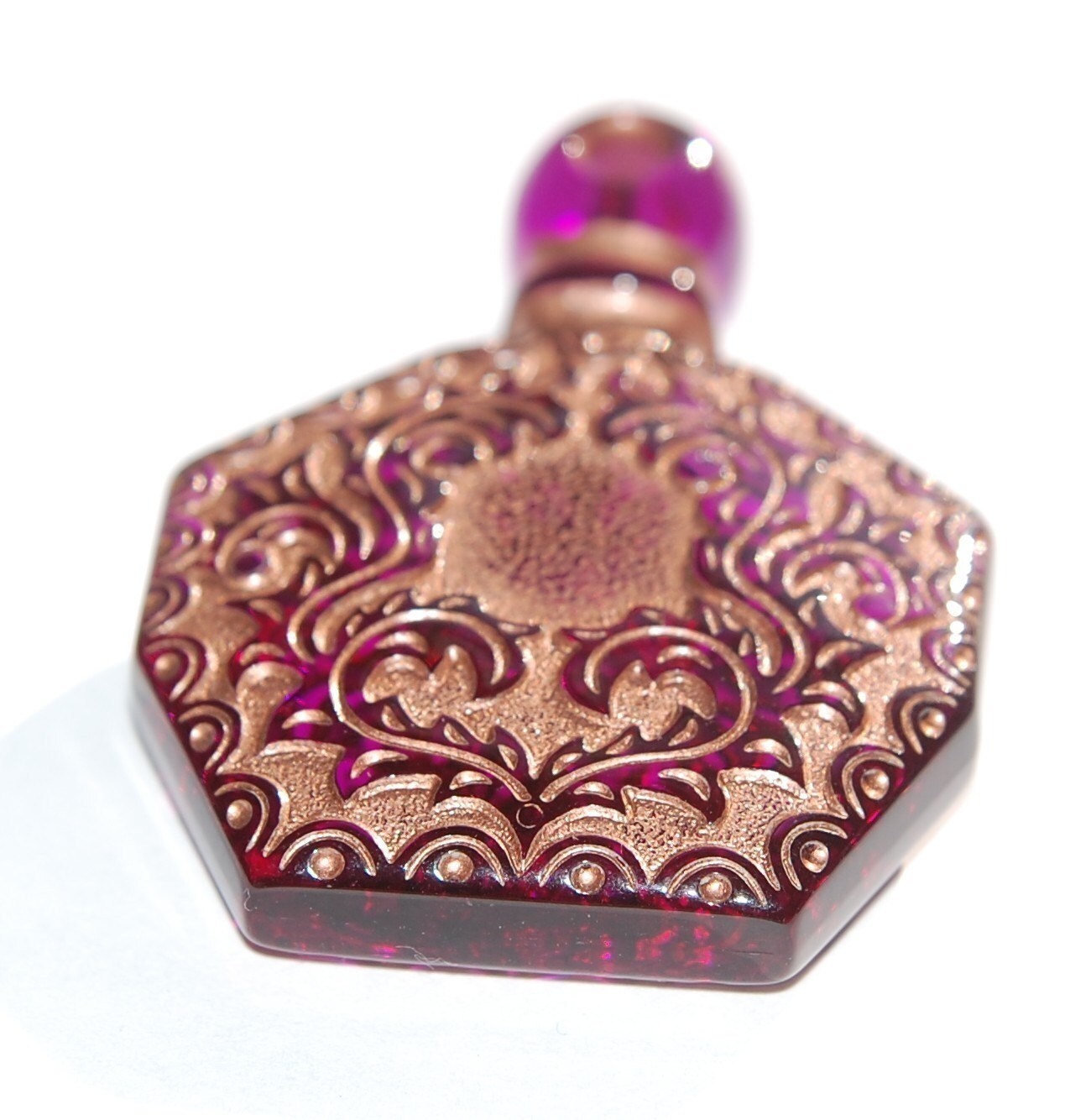Vintage Purple Etched Faux Perfume Bottle Pendant Copper Details pnd066B