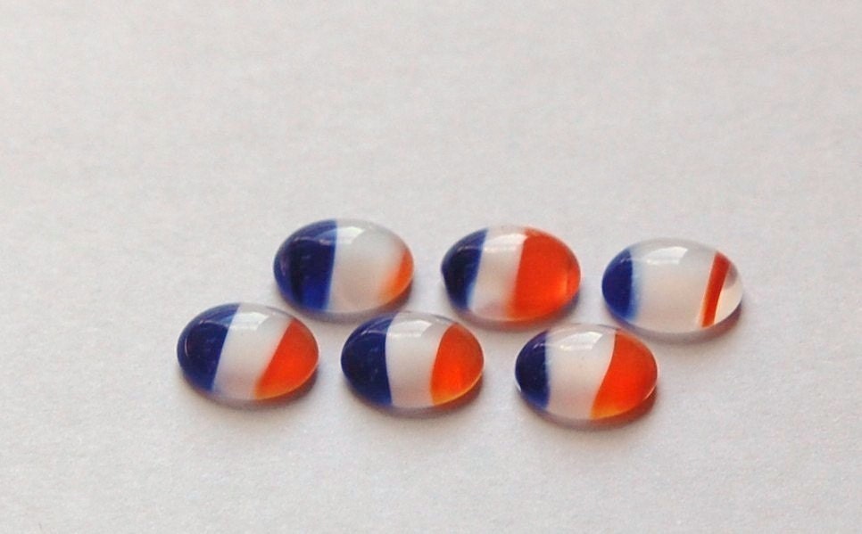 Vintage Blue White and Reddish Orange Glass Cabochons 10x8mm (6) cab576G