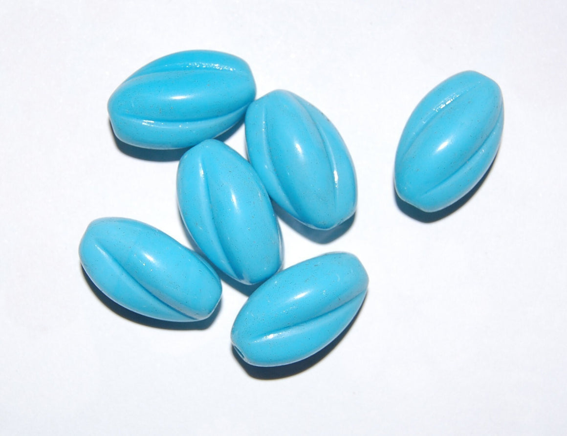 Vintage Turquoise Blue Ribbed Oval Glass Beads Germany 20mm (6) grm019A