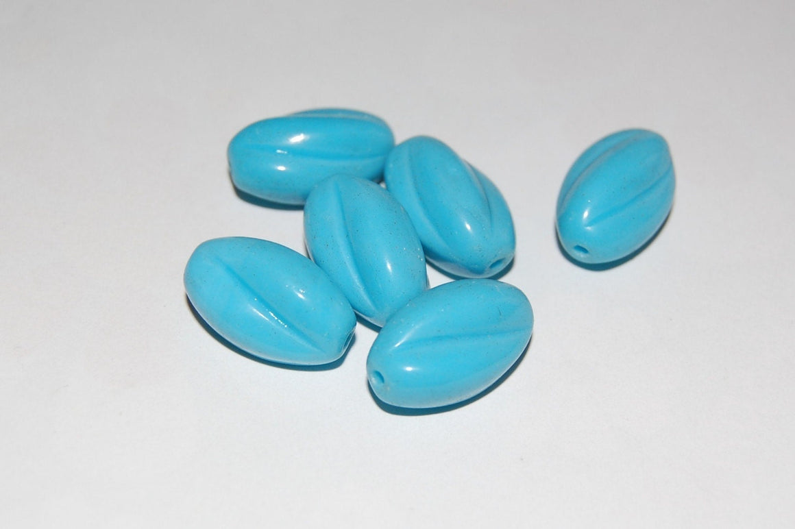 Vintage Turquoise Blue Ribbed Oval Glass Beads Germany 20mm (6) grm019A