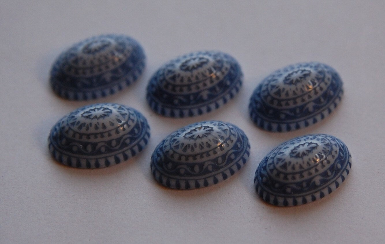 Vintage Etched Design Light Blue and White Cabochons 14mm x 10mm cab711B