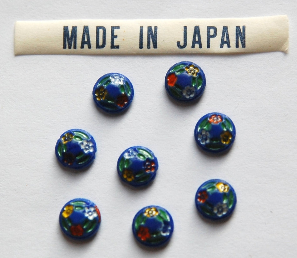 Vintage Blue Floral Etched Glass Cabochons Japan 7mm (8) cab419B