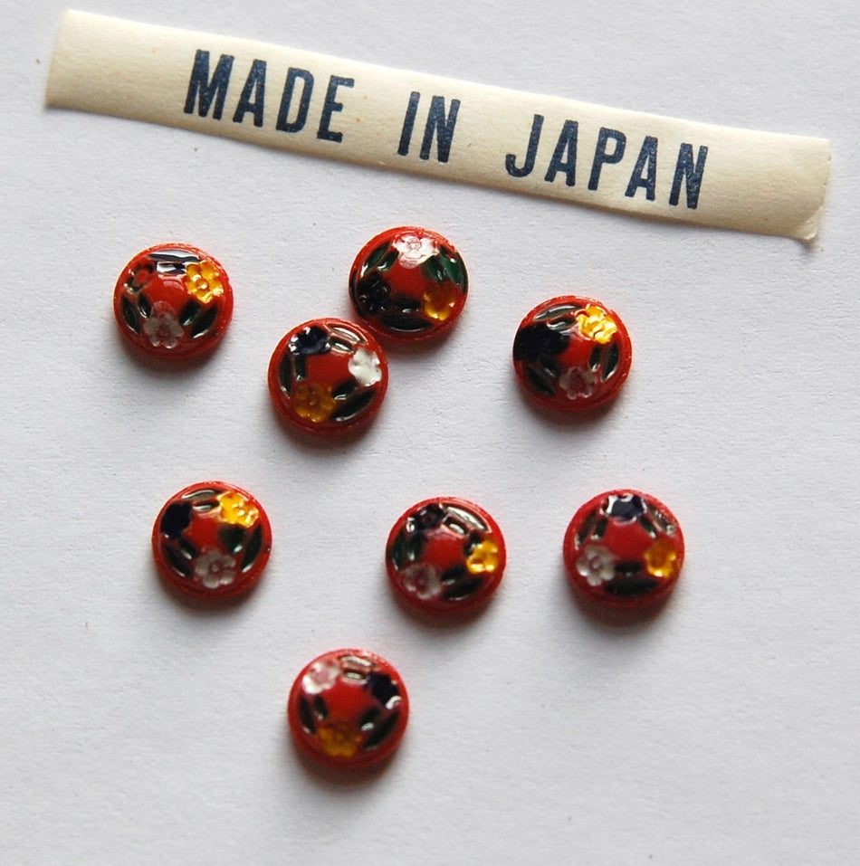 Vintage Red Floral Etched Glass Cabochons Japan 7mm (8) cab419C