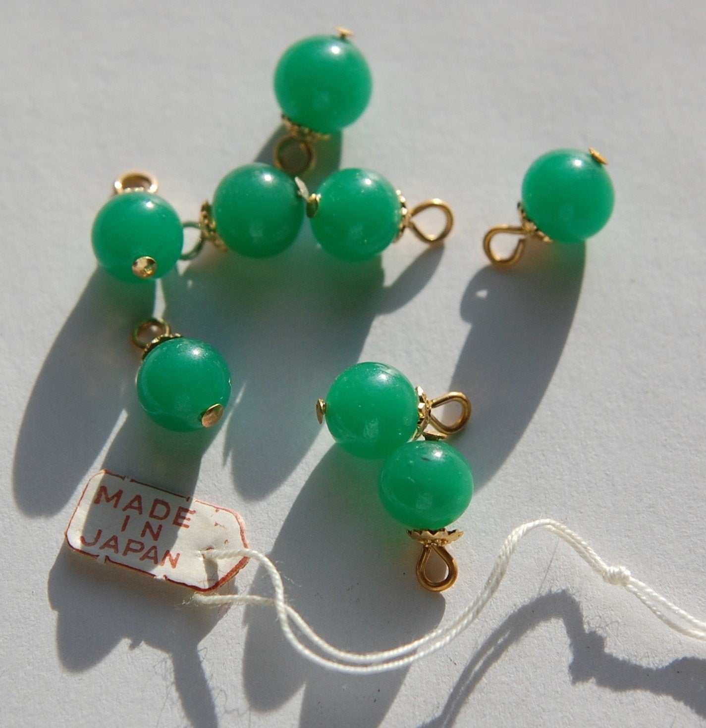 Vintage Jade Green Glass Bead Drops with 8mm Bead Cap Loop drp026A