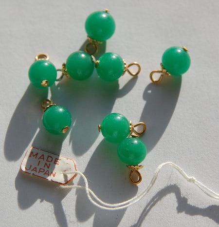 Vintage Jade Green Glass Bead Drops with 8mm Bead Cap Loop drp026A