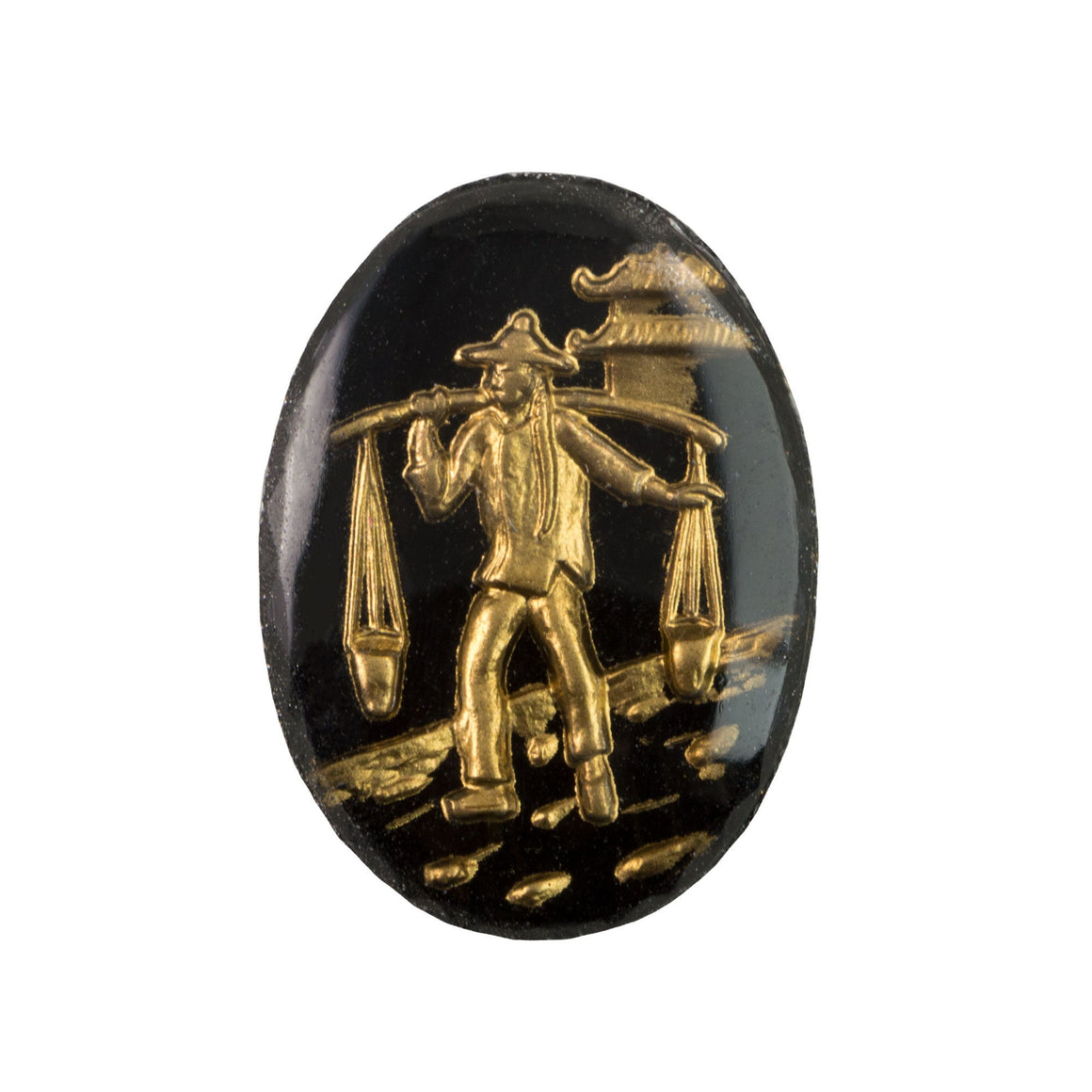 25x18mm Asian Figure Carrying Water Black and Gold Glass Oval Intaglio (1)