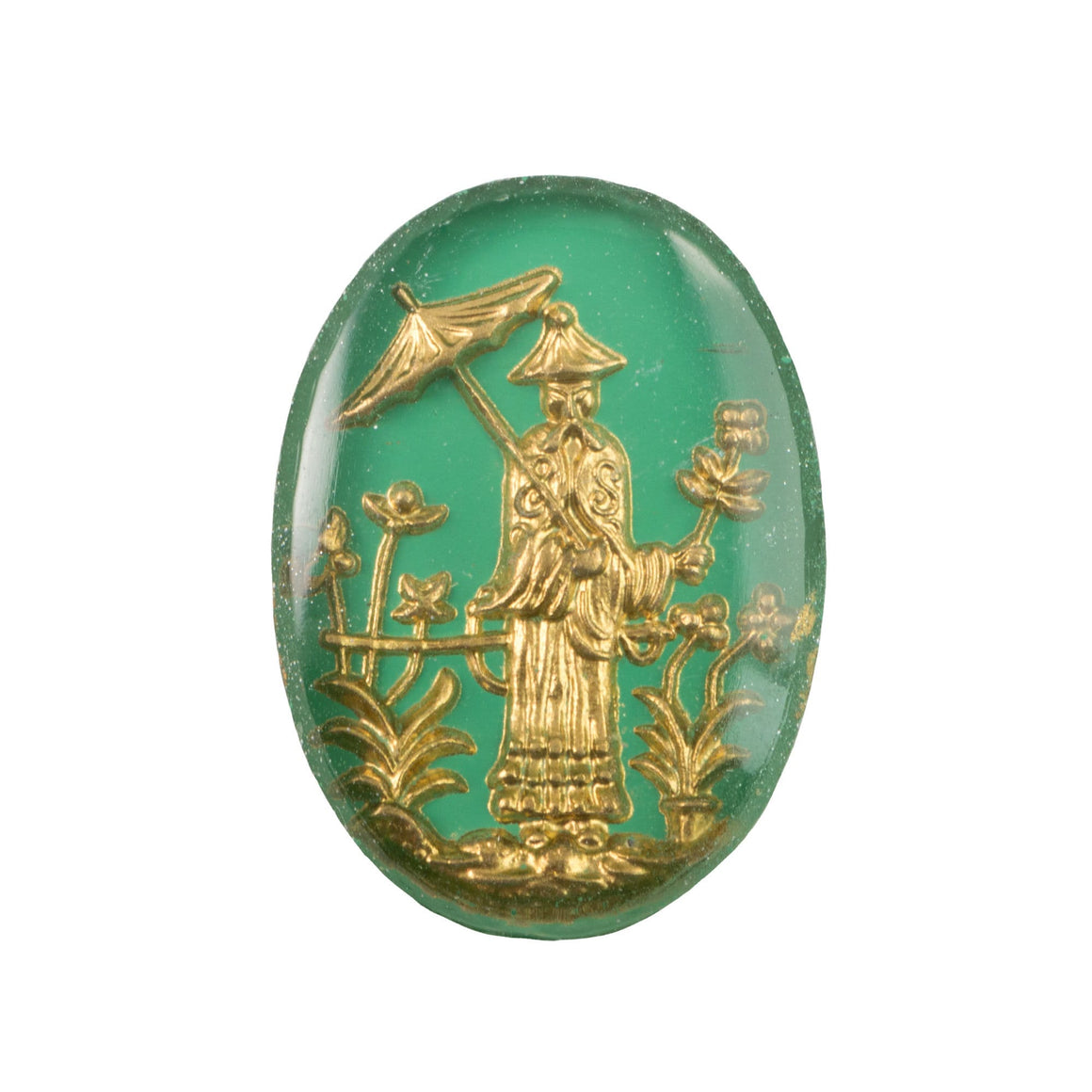 25x18mm Asian Figure with Parasol Green and Gold Glass Oval Intaglio (1)