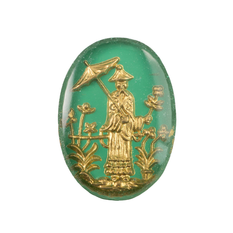 25x18mm Asian Figure with Parasol Green and Gold Glass Oval Intaglio (1)