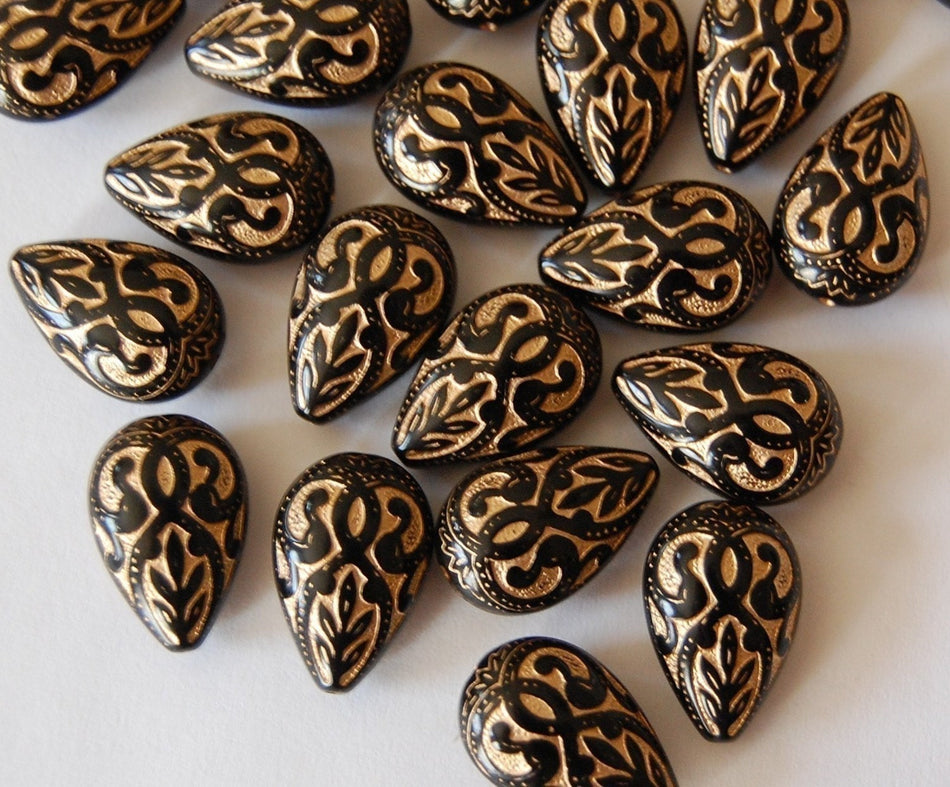 Vintage Style Antiqued Black and Gold Etched Tear Drop Beads 19mm (6) bds120H