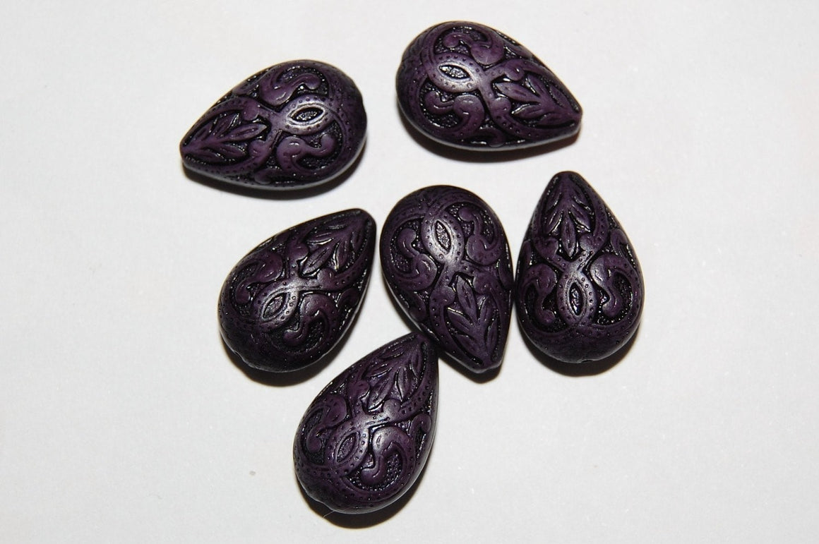 Vintage Style Deep Purple Etched Teardrop Tear Drop Beads (6) bds120B