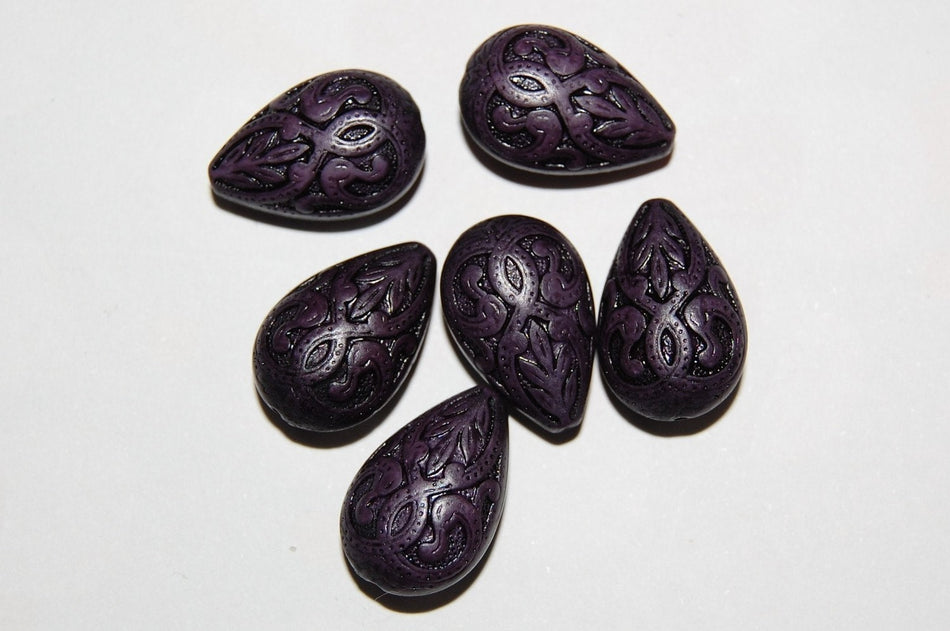 Vintage Style Deep Purple Etched Teardrop Tear Drop Beads (6) bds120B