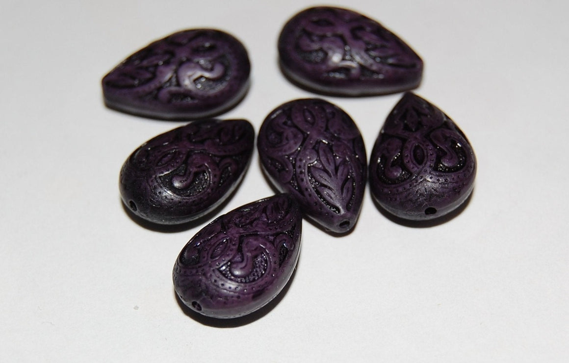 Vintage Style Deep Purple Etched Teardrop Tear Drop Beads (6) bds120B