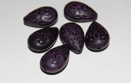 Vintage Style Deep Purple Etched Teardrop Tear Drop Beads (6) bds120B