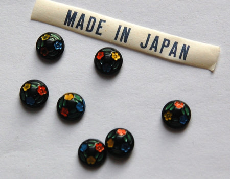 Vintage Black Floral Etched Glass Cabochons Japan 7mm (8) cab419D