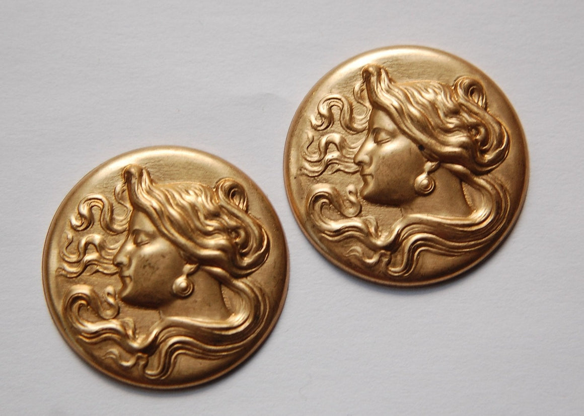 Vintage Raw Brass Woman Profile Stamping 30mm (2) mtl345